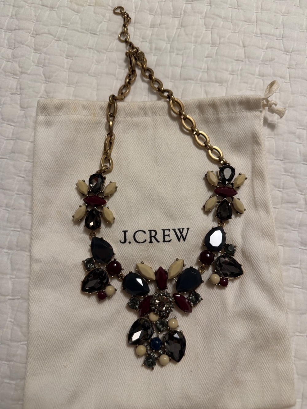 J. Crew Gold-Chain Floral Statement Necklace with Navy, Burgundy & Cream Stones
